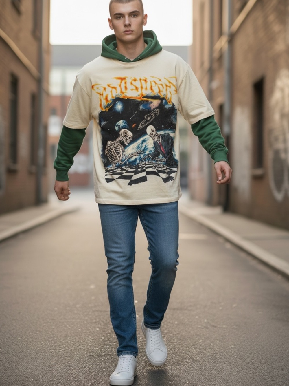 Mens Cream Graphic Short-Sleeve Tee with Skeleton Chessboard Artwork